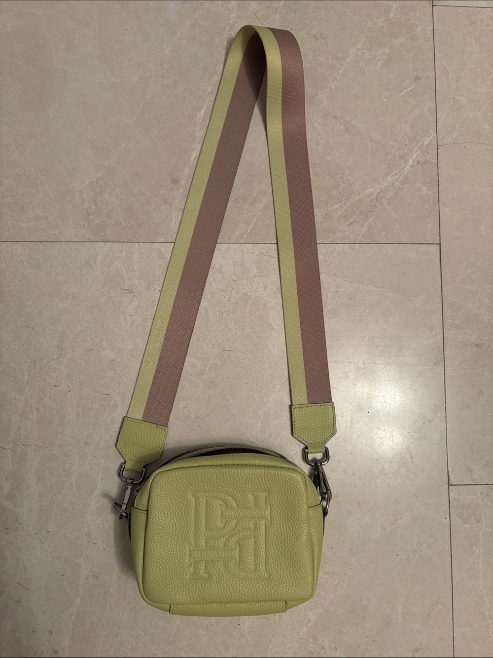 Prune Embossed Lime Green Crossbody Bag with Wide Stripe Strap